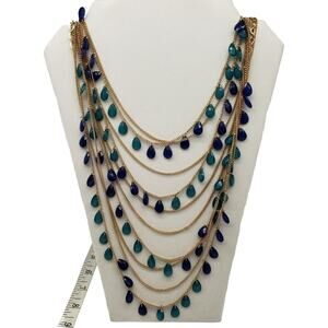 Multilayered Gold Toned Chain with Blue Glass Charms Necklace Adjustable
